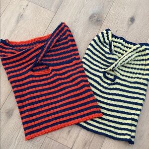 Set of 2 Striped Knit Tube Tops with keyhole Center  - Red/Navy, Yellow/Blue Med